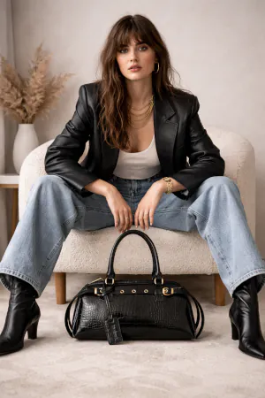 Woman seated wearing black outfit with Emlonc Noirisse shoulder bag in black vegan leather placed in front