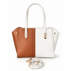 EMLONC Verity vegan leather tote bag in brown mocha and white colorblock, structured work and travel handbag that complements an old money–inspired outfit.