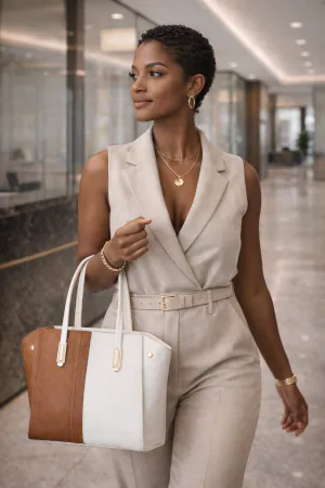 Woman walking indoors carrying Emlonc Verity tote bag in white and tan vegan leather with structured design
