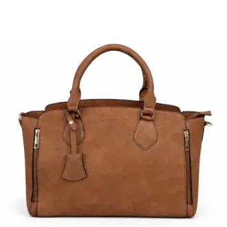 EMLONC Carmela structured brown satchel bag crafted from premium vegan leather, featuring gold-tone hardware, a detachable shoulder strap, and vertical zip pockets, ideal for work and everyday use.
