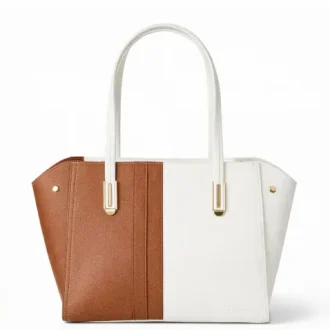 EMLONC Verity vegan leather tote bag in brown mocha and white colorblock, structured work and travel handbag that complements an old money–inspired outfit.